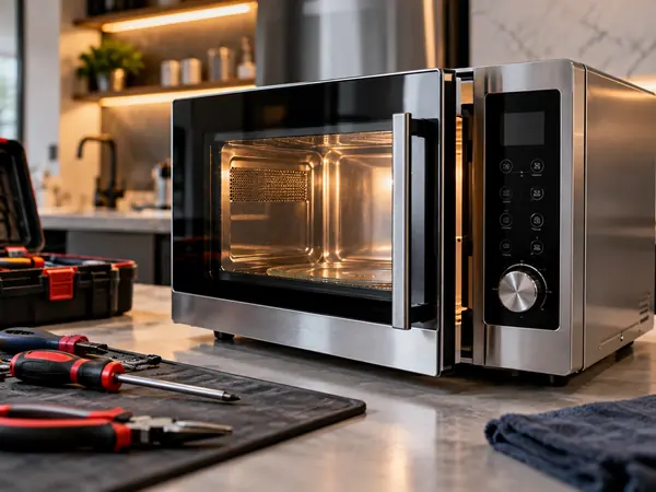 Micro-ondas de inox na bancada com chaves de fenda e alicate ao lado
